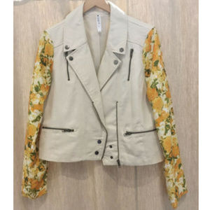 Women's Ivory Canvas Moto Jacket w Floral Sleeves